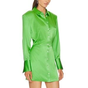 FRAME Strong Shoulder Silk-Blend Mini Dress in Bright Peridot Size S